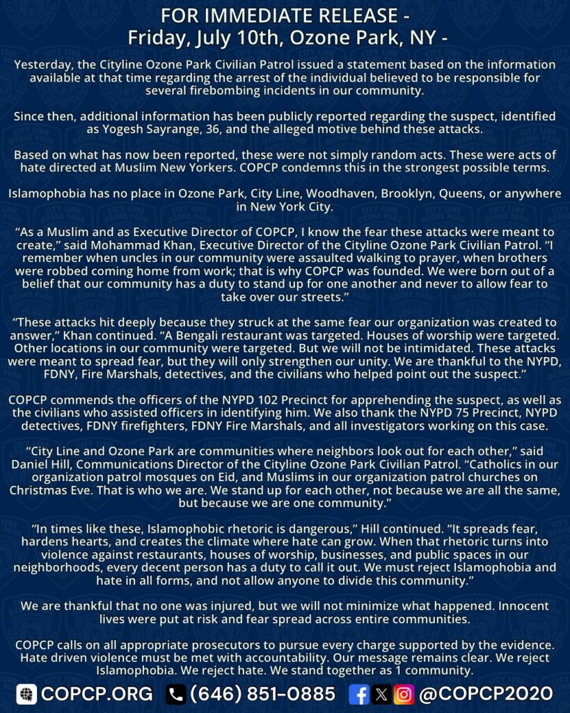 FOLLOW UP STATEMENT FROM THE CITYLINE OZONE PARK CIVILIAN PATROL Yesterday, the Cityline Ozone Park Civil…